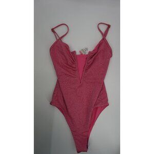 L*Space Pink Spark One Piece Bathing Suit S/4 Deep V-Neck NWT